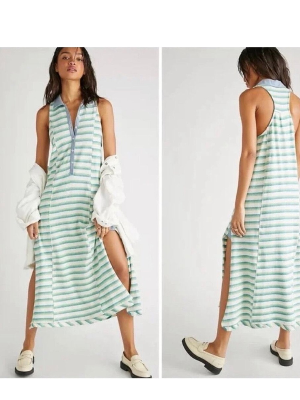 Free people Striped Sleeveless Polo Maxi Dress in Green and White